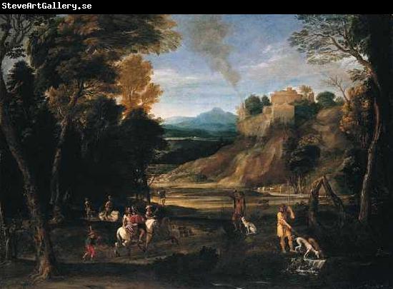 Gian  Battista Viola Landscape with a Hunting Party